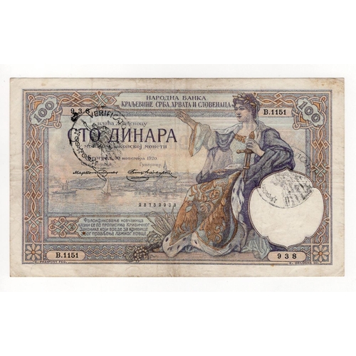 454 - Yugoslavia 100 Dinara dated 1920 with 'Verificato' handstamp, this the rarer issue with Karageorge w... 