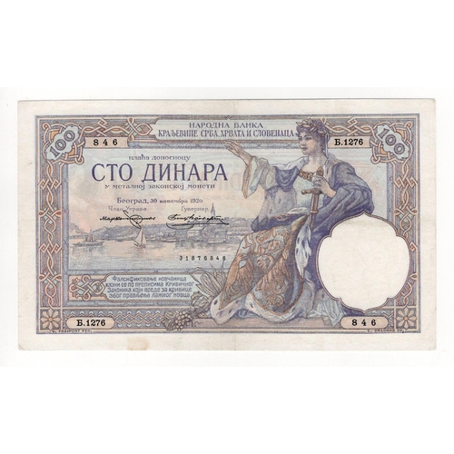 455 - Yugoslavia 100 Dinara dated 30th November 1920, scarce early date, serial B.1276 846 (Pick22) presse... 