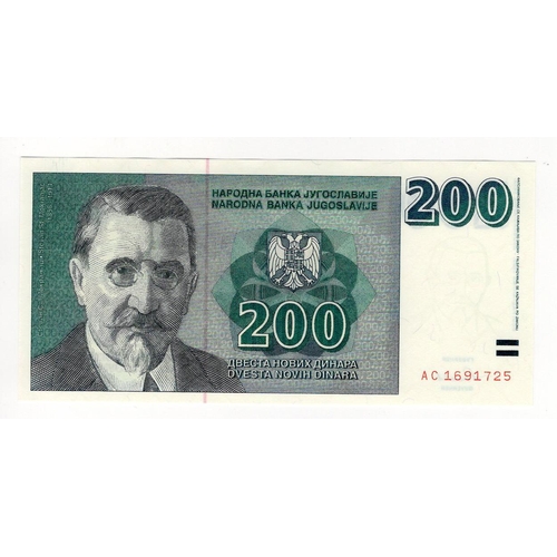 459 - Yugoslavia 200 Novih Dinara dated 1999, a scarce UNISSUED design, serial AC 1691725 (Pick152A) Uncir... 