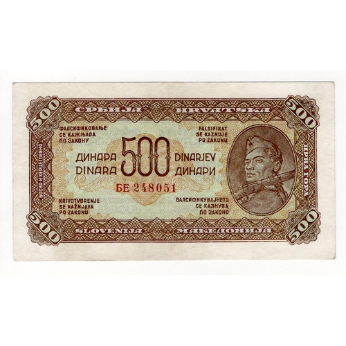 461 - Yugoslavia 500 Dinara dated 1944, serial BE 248051 (Pick54) pressed VF and rare