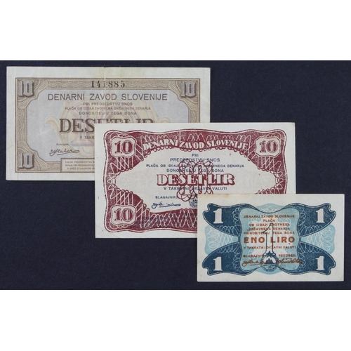 463 - Yugoslavia Slovenia Monetary Bank (3) 10 Lir issued 1944 (2 types), 1 Liro issued 1944 (PickS110, 11... 