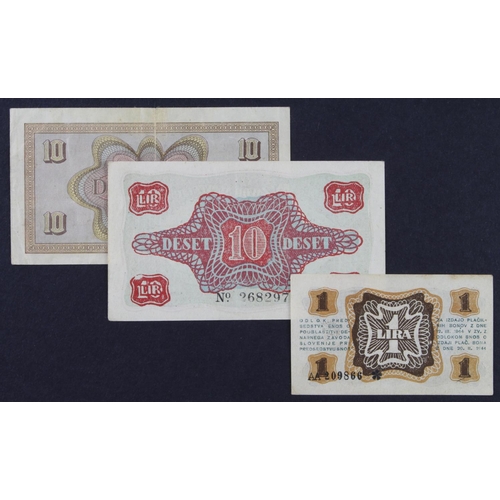 463 - Yugoslavia Slovenia Monetary Bank (3) 10 Lir issued 1944 (2 types), 1 Liro issued 1944 (PickS110, 11... 