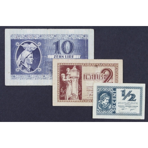 464 - Yugoslavia, Laibach Province (3), German Occupation WW2 10 Lir, 2 Liri & 50 Cents dated 1944 (PickR1... 