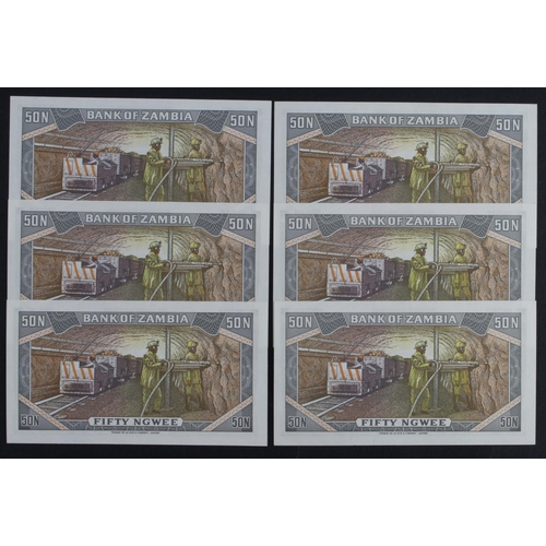 466 - Zambia 50 Ngwee (6) issued 1973 in 3 consecutively numbered pairs (TBB B114a, Pick14a) Uncirculated