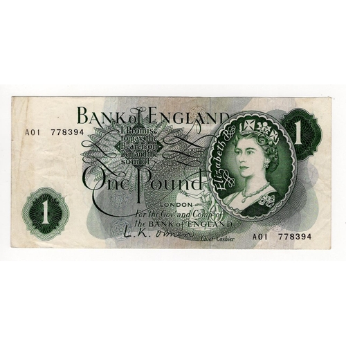 52 - O'Brien 1 Pound (B281) issued 1960, a rare FIRST RUN 'A01' prefix, serial A01 778394 (B281, Pick374a... 