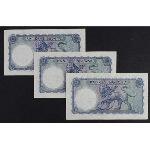 56 - O'Brien 5 Pounds (B277) issued 1957 (3), Lion & Key, all FIRST SERIES, serial A55 325465, A68 190324... 