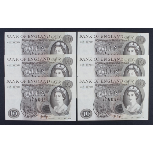 59 - Page 10 Pounds (B326) issued 1971 (6), a run of consecutively numbered notes serial C37 907375 - C37... 