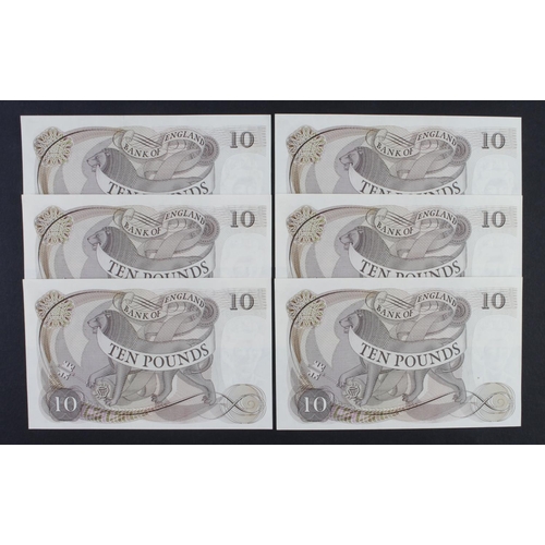 59 - Page 10 Pounds (B326) issued 1971 (6), a run of consecutively numbered notes serial C37 907375 - C37... 
