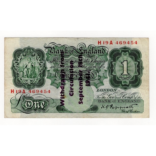 61 - Peppiatt 1 Pound issued 1941, Guernsey Overprint 'Withdrawn from circulation September 18th 1941', s... 