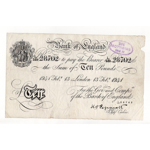 62 - Peppiatt 10 Pounds (B242) dated 13th February 1941, a rarer WAR DATE, London issue serial L/129 2870... 