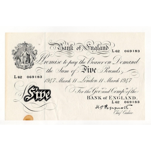 64 - Peppiatt 5 Pounds (B264) dated 11th MArch 1947, serial L62 069183, London issue on thin paper (B264,... 