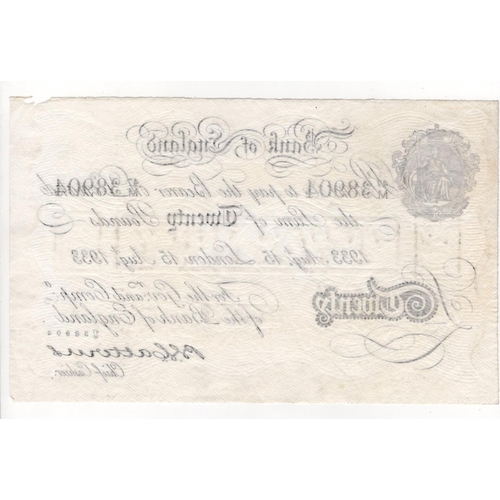 72 - Peppiatt BERNHARD note, 20 Pounds dated 15th August 1933, serial 47/M 38904, London issue (B243 for ... 