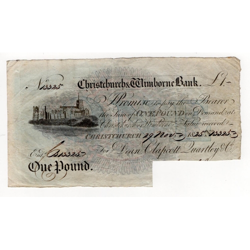 92 - Christchurch & Wimborne Bank 1 Pound dated 1825, serial No. 13325 for Dean, Clapcott, Quartley & Co.... 