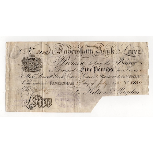 93 - Faversham Bank 5 Pounds dated 1885, serial No. 8130 for Hilton, Rigden (Outing786a) pinholes, bank s... 