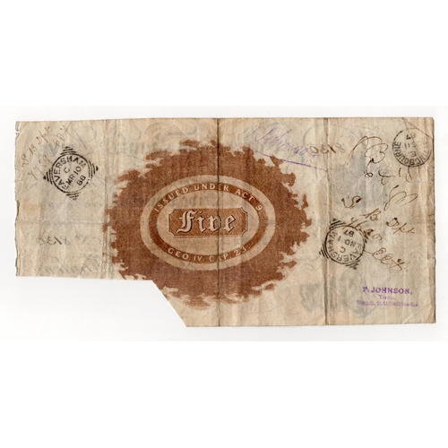 93 - Faversham Bank 5 Pounds dated 1885, serial No. 8130 for Hilton, Rigden (Outing786a) pinholes, bank s... 