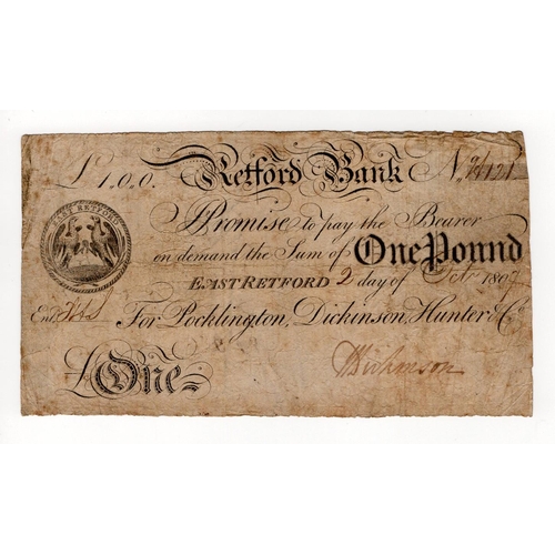 94 - Retford Bank 1 Pound dated 1807, serial No. A121 for Pocklington,Dickinson, Hunter & Co. (Outing1788... 