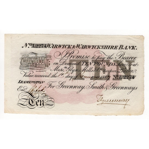 99 - Warwick & Warwickshire Bank 10 Pounds dated 1st January 1887, serial No. L2274 for Greenway, Smith &... 