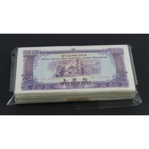 468 - Laos 50 Kip (180), issued 1968, Pathet Lao Government, a full consecutive bundle of 100 notes with T... 