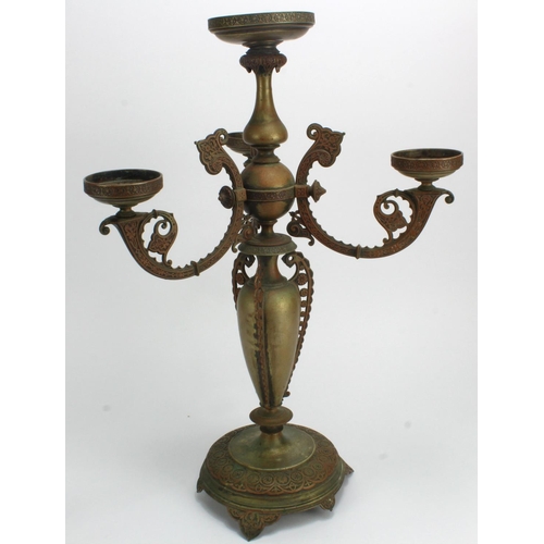 1041 - Indian brass three branch candlestick, height 49.5cm approx.