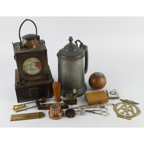 1052 - Miscellanea. A group of various items, including a gold finial from a walking stick, railway lamp, s... 