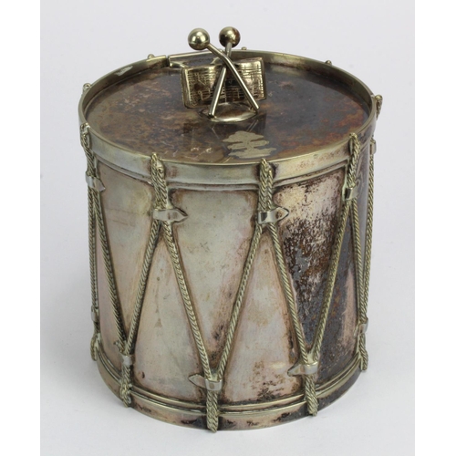 1058 - Novelty silver plated biscuit barrel, depicting a Military drum, pin missing from hinge of lid, tota... 