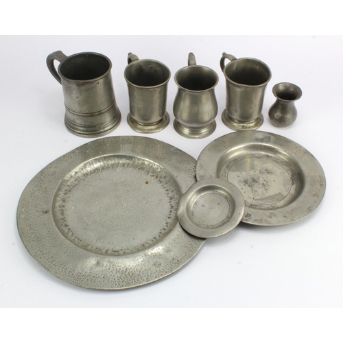 1062 - Pewter. A group of eight pewter items, including plates, cups & a tankard, many with makers marks, l... 