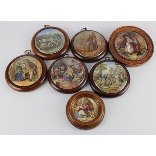 1065 - Pot Lids. A group of seven framed pot lids, including Shakspeares house, largest pot lid 10.5cm appr... 