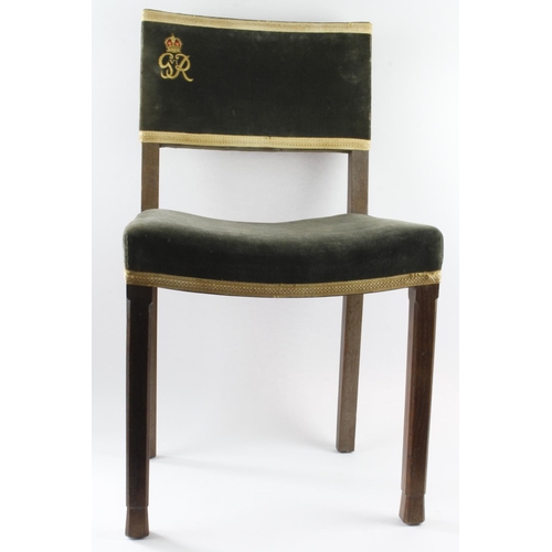 1070 - Royalty interest. An original blue velvet covered chair on oak legs used at the Coronation of King G... 