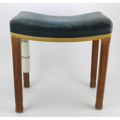 1073 - Royalty interest. An original blue velvet covered stool on oak legs used at the Coronation of Queen ... 