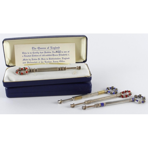 1075 - Royalty interest. Five silver hallmarked Royalty related limited edition lace makers bobbins, includ... 