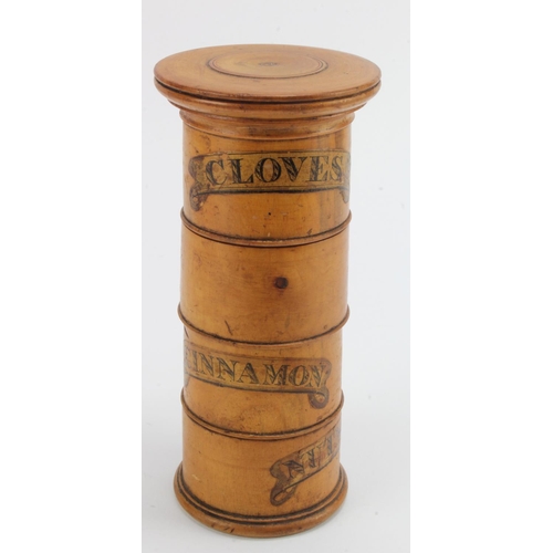 1090 - Treen four section spice tower, circa 19th Century, with compartments for Cloves, Ginger, Cinnamon &... 