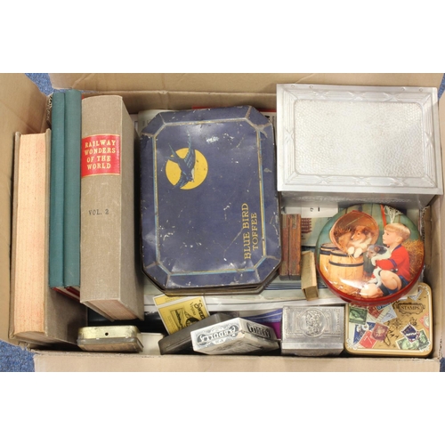 565 - Large box of ephemera including books, old magazines, games, Eagle Annual 1 & 2, old tobacco tins et... 