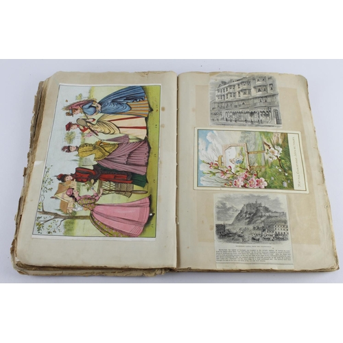 599 - Vellum bound scrap album (full), circa Victorian to early 20th Century, 21cm x 32.5cm approx.