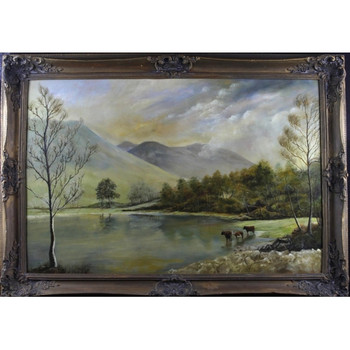 628 - A Wilson. Oil on board depicting Catlle watering by a mountain lake. Signed A.Wilson lower left. Pai... 