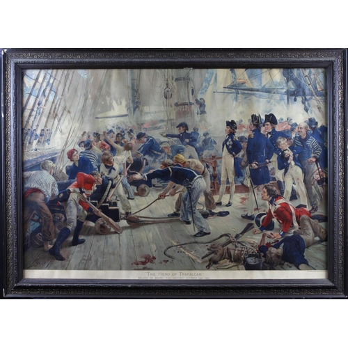 630 - After William Heysmann Overend. The Hero of Trafalgar, 1898. Chromolithograph. Measures approx 82cm ... 