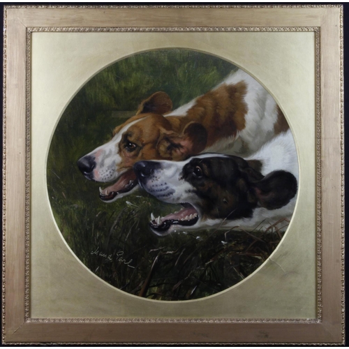 638 - Earl, Maud Alice (British 1864-1943) Oil on canvas. Head study of a pair of Foxhounds in full chase.... 