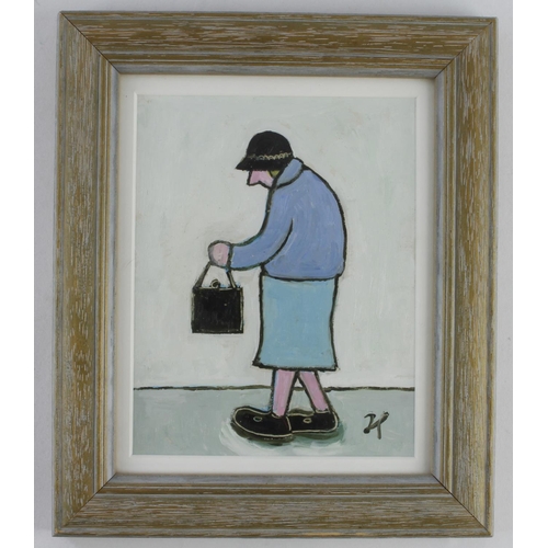 652 - Joan Gillchrest (1918-2008). Oil on board, titled to reverse 'I Must Hurry', depicting an old lady c... 