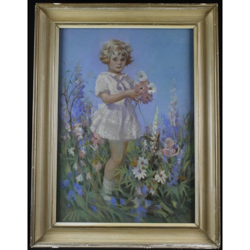 653 - Lancelot Roberts  (1883-1950). Pastel, depicting to a young girl surrounded by flowers, signed by ar... 