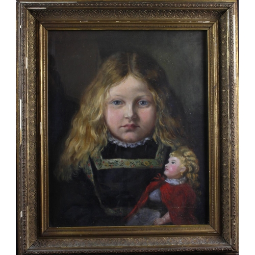 673 - Victorian oil on canvas, depicting a young girl with blond hair and blues eyes, holding a doll, sign... 