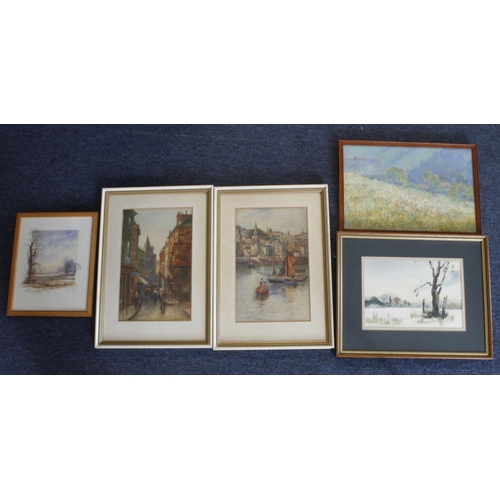 676 - Watercolours. Eight framed & glazed watercolours, etc., depicting various subjects including Guernse... 