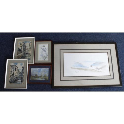 677 - Watercolours. Eight framed & glazed watercolours, etc., depicting various subjects, artists include ... 