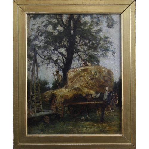 680 - Wingale. Oil on Canvas, titled 'Haycart & Figures', signed by artist to lower right, gallery label t... 