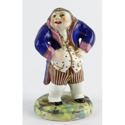 685 - Crown Derby figure, depucting a short plump gentleman wearing a blue & pink coat, circa 1780 - 1800,... 