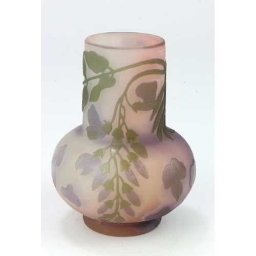 687 - Emil Galle cameo glass vase, purple with green leaf decoration, signed 'Galle' to side, height 90mm ... 