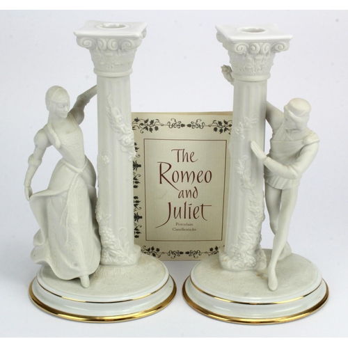 690 - Franklin Mint Romeo & Juliet bisque porcelain candlesticks, makers marks to base, height 25cm approx... 