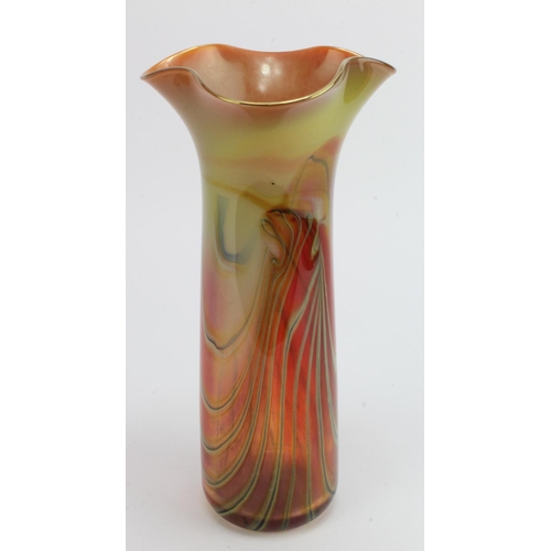 693 - Layne Rowe. Tall studio glass vase with broad asymmetric gold rim, blue and yellow over pink/orange ... 