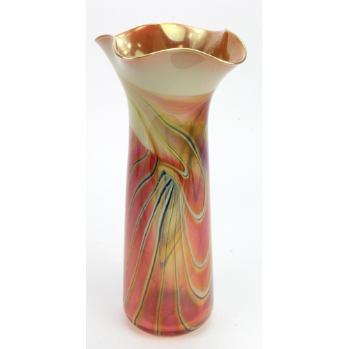 694 - Layne Rowe. Tall studio glass vase with broad asymmetric gold rim, blue over pink marbled design, Si... 