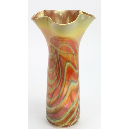 695 - Layne Rowe. Tall studio glass vase with broad asymmetric gold rim, yellow over orange marbled design... 