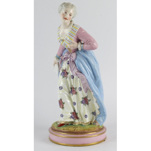 696 - Meissen, porcelain figurine of a lady stepping forward, holding a letter. Meissen mark to base. No v... 