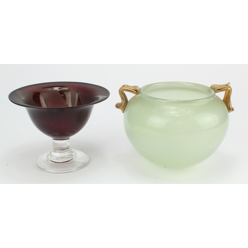 729 - Patrick Stern. Two signed art glass bowls. The red/brown dish with abstract pattern and clear pedest... 